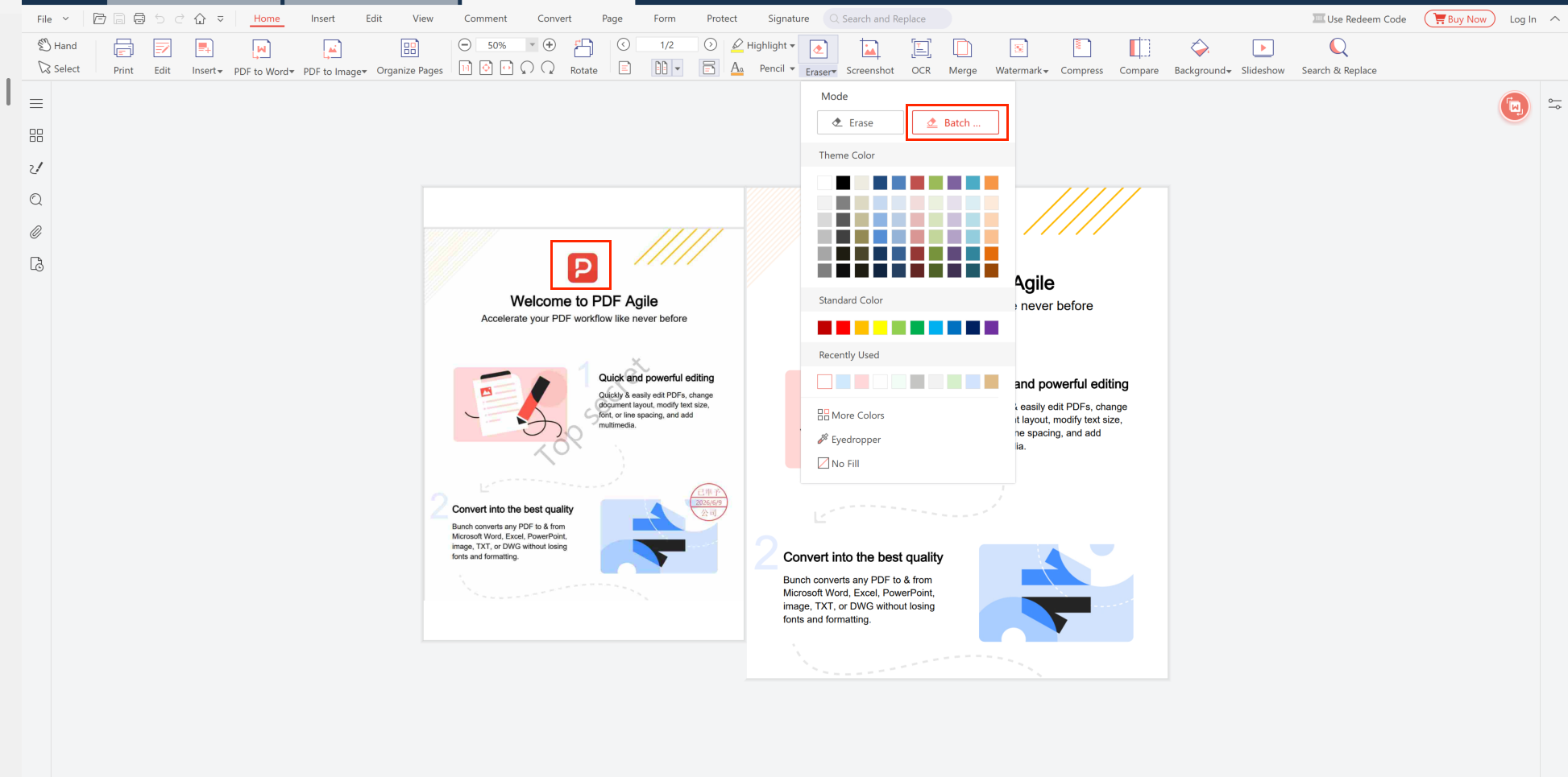 PDF Agile Eraser tool dropdown showing Erase mode and Batch button for multi-page erasing