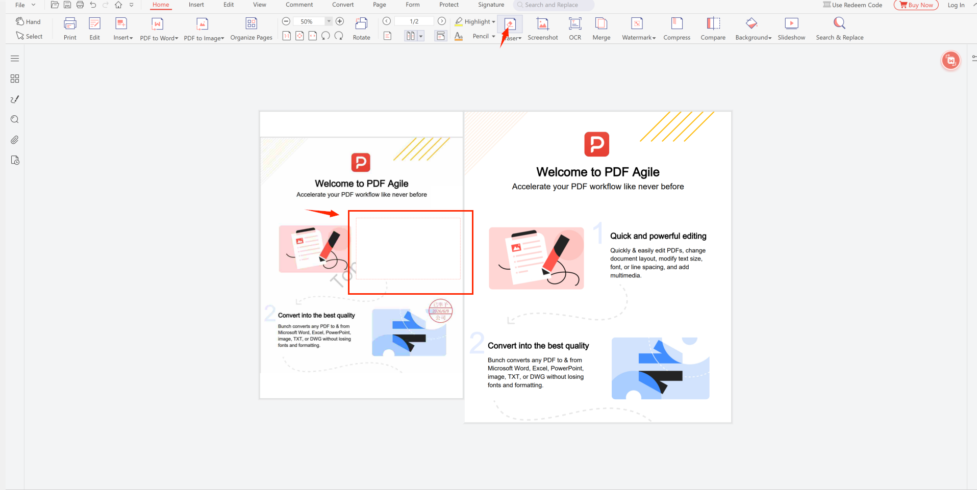 PDF Agile Eraser tool in the Home ribbon with a selection area drawn on the document