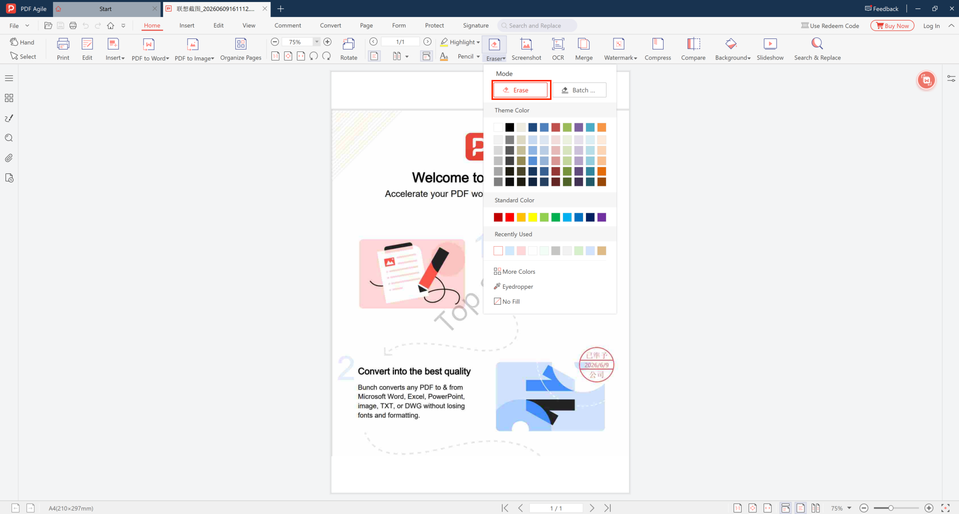PDF Agile Eraser tool interface showing the Erase mode and color selection options